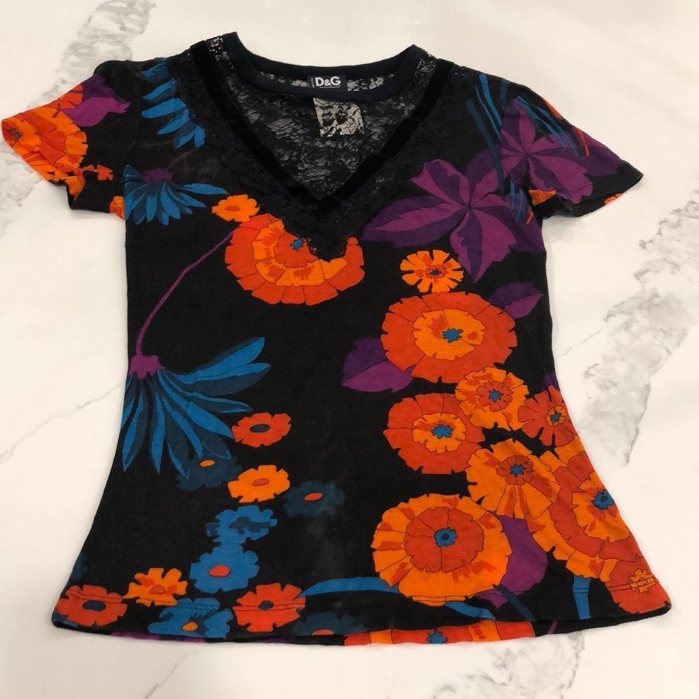 Dolce & Gabbana Women's Floral V-Neck Top - Black and Orange Size Small